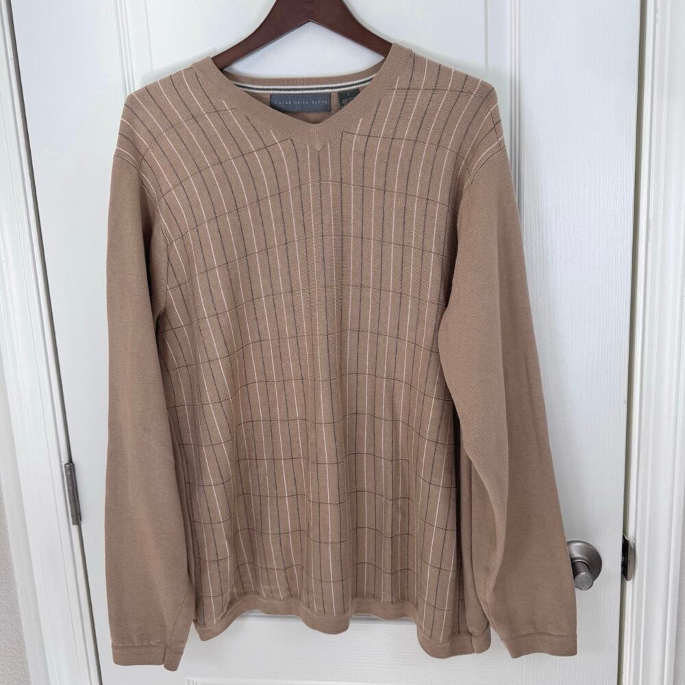 Oscar De La Renta V-Neck Sweater Windowpane Tan Gray White Men’s Size L Classic